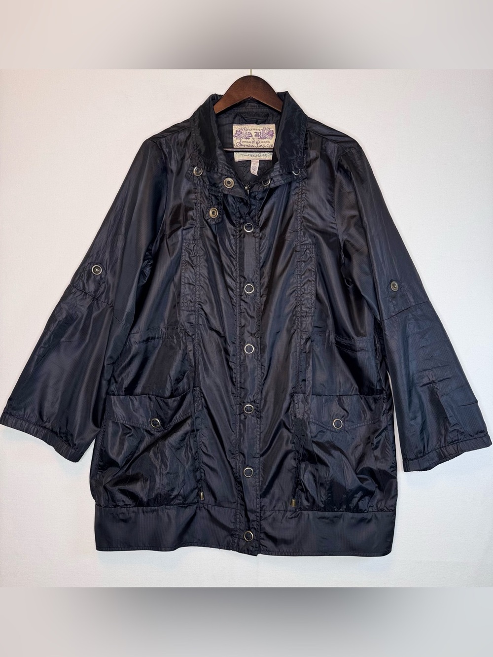 American Rag Utility Jacket black full zip womens sz Lg lightweight roll tab